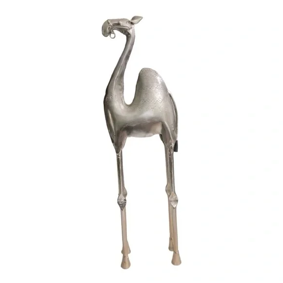 Vintage Silver Metal Camel Figurine | Handcrafted Etched Tall Camel Sculpture - Picture 2 of 13